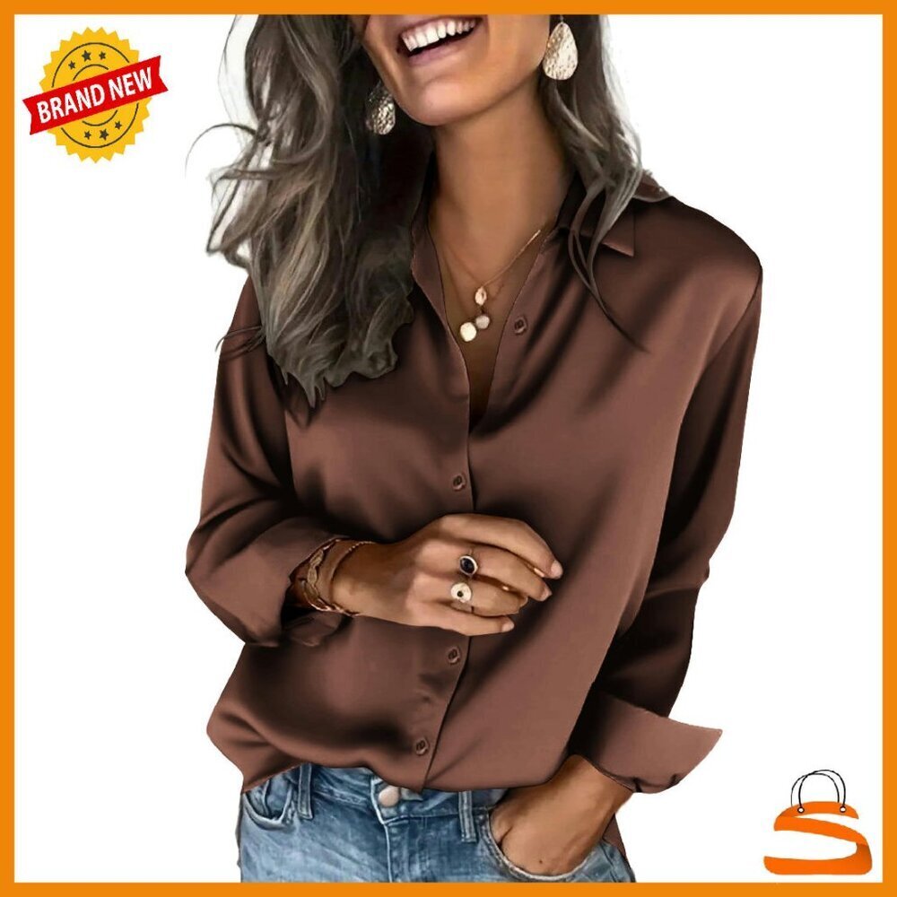 Satin Button Down Shirt Long Sleeve Business Casual Top Women's